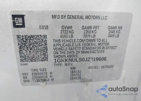 2018 GMC Acadia Slt-1 from USA, damaged, VIN 1GKKNULS0JZ219606